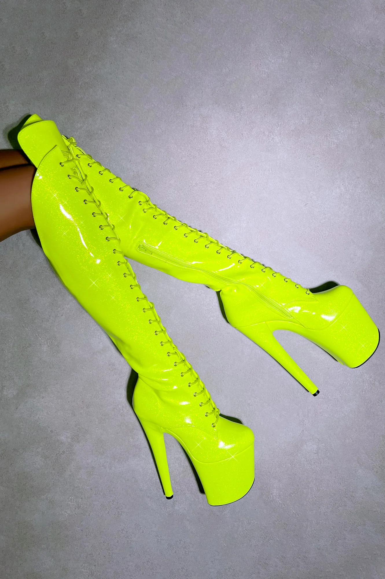 Hella Heels The Glitterati Over The Knee 8inch Boots - Citrus Yellow Burst - Image 3