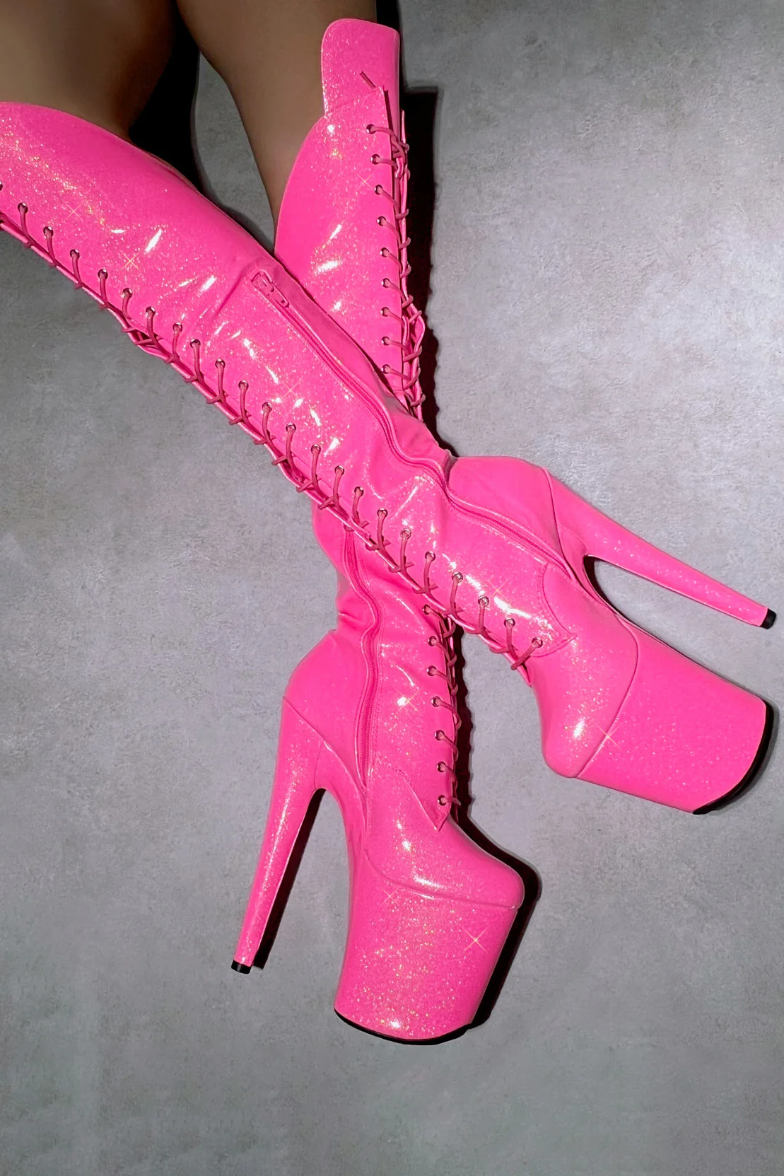 Hella Heels The Glitterati Over The Knee 8inch Boots - Juicy Pink Burst - Image 2