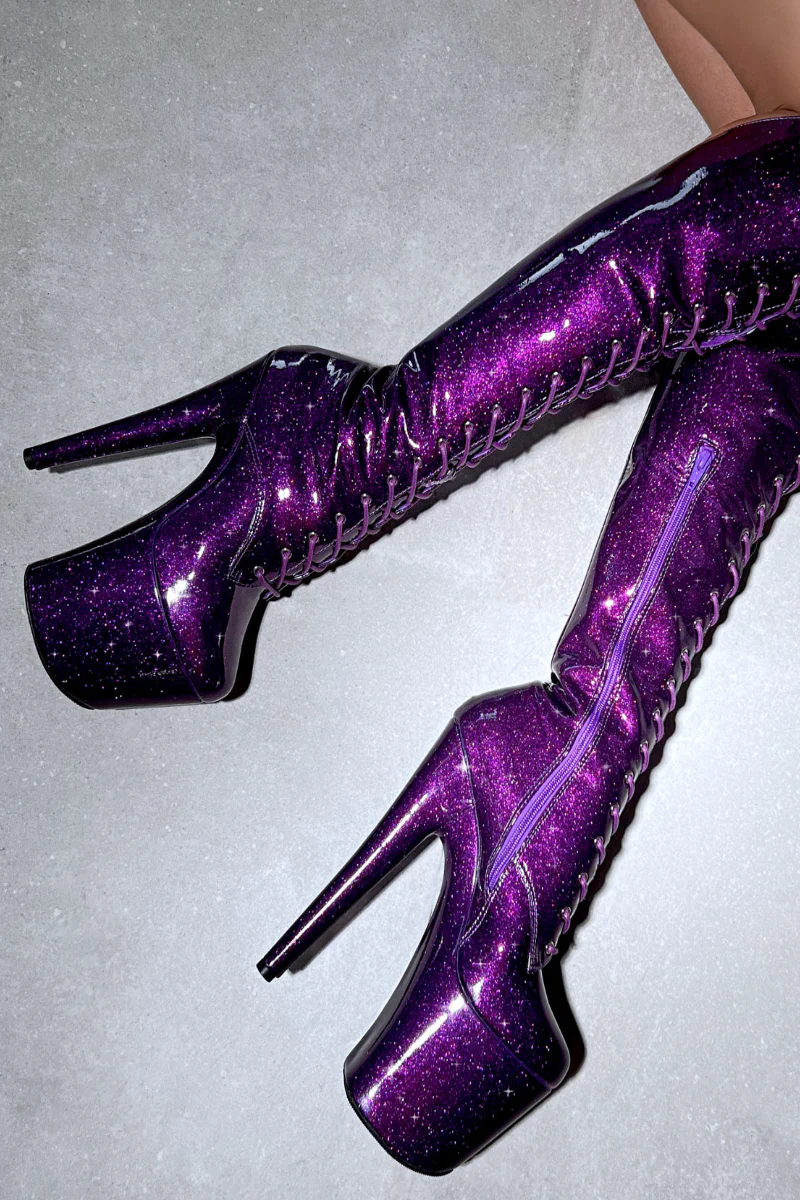 Hella Heels The Glitterati Over The Knee 8inch Boots - Purple Rain - Image 2