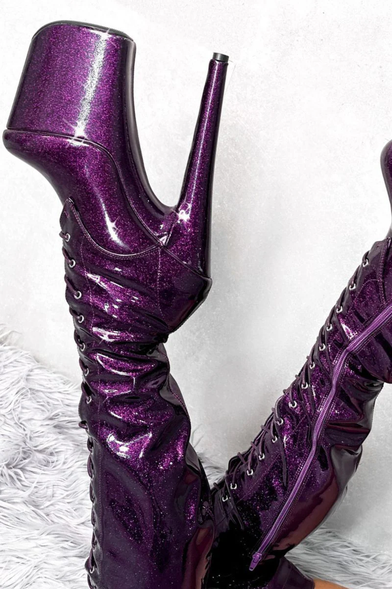 Hella Heels The Glitterati Thigh High 8inch Boots - Purple Rain - Image 5