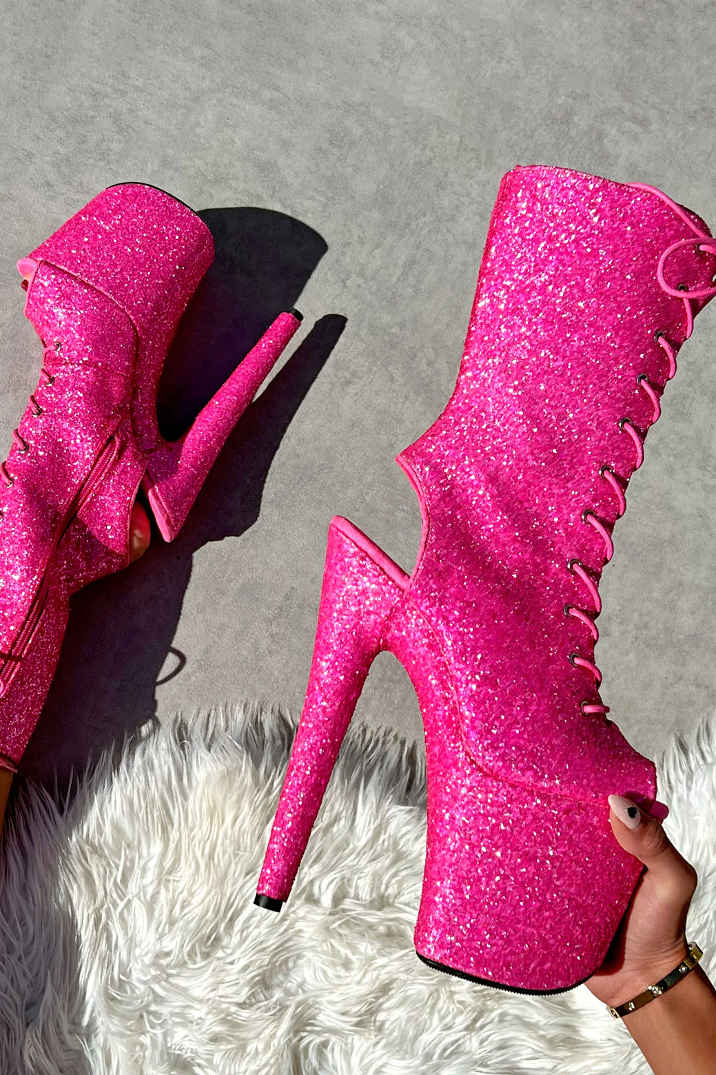 Hella Heels The Glitterati XTRA OHOT 8inch Boots - Kitty Pink
