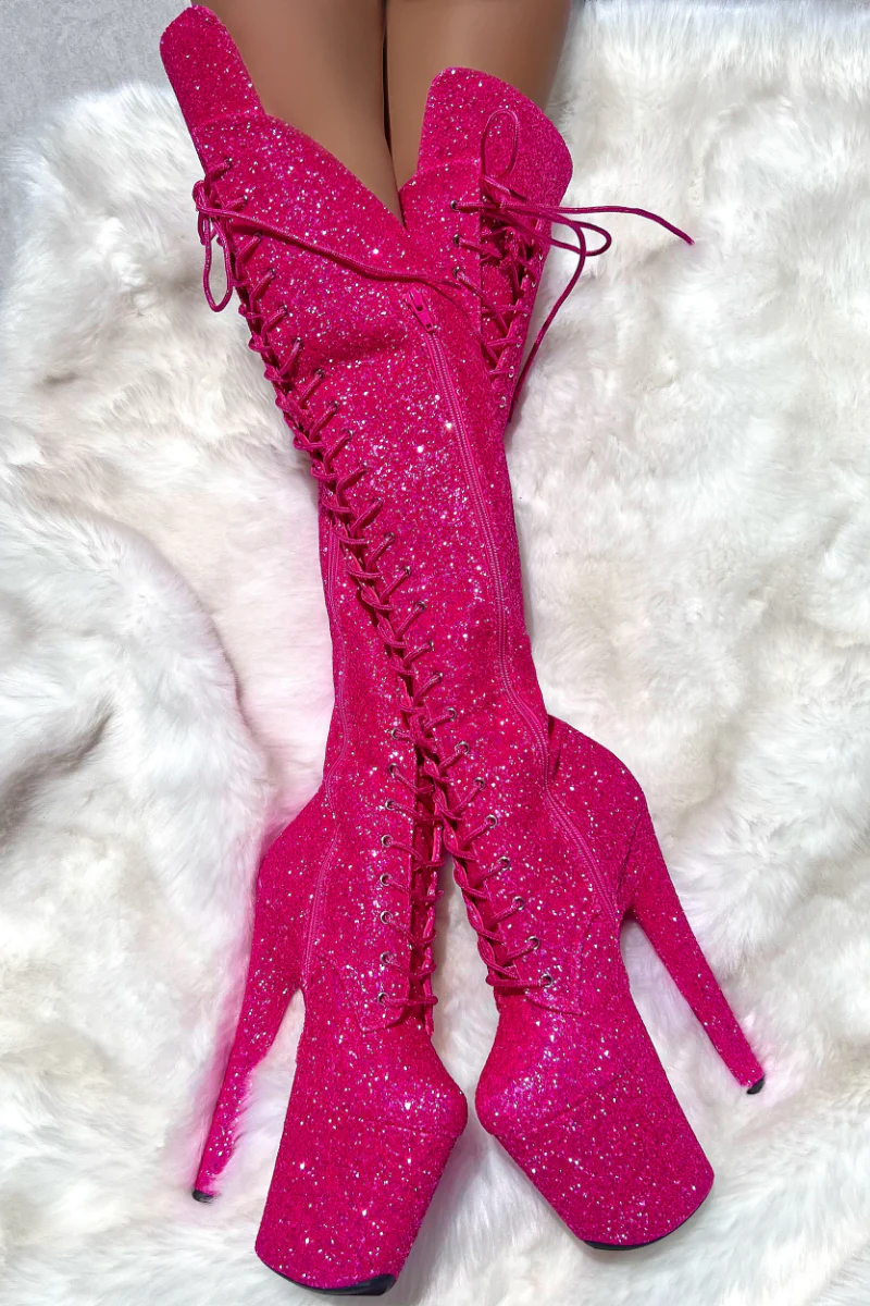 Hella Heels The Glitterati XTRA Over The Knee 8inch Boots - Kitty Pink - Image 3