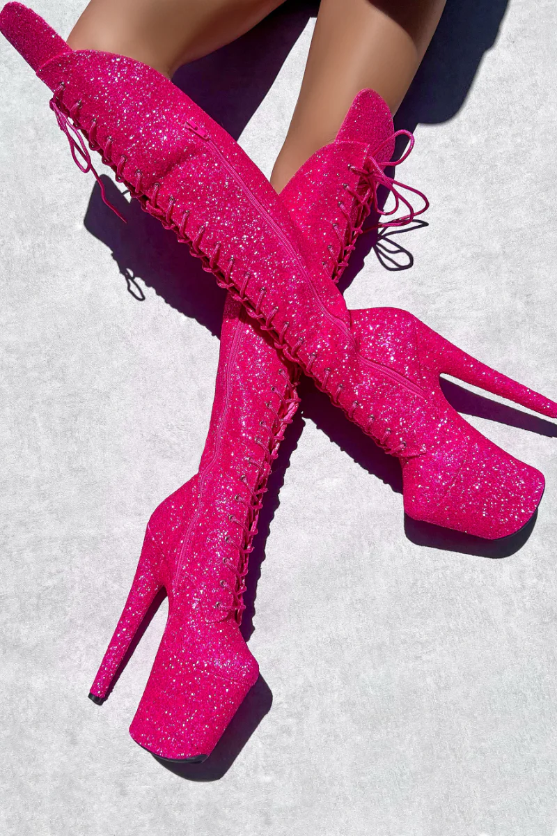 Hella Heels The Glitterati XTRA Over The Knee 8inch Boots - Kitty Pink - Image 4