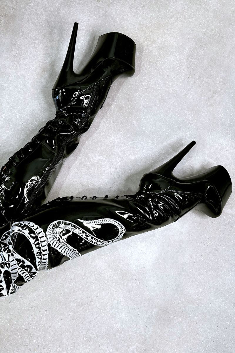 Hella Heels Viper Thicc Thigh High 7inch Boots - Black/White Snake - Image 2