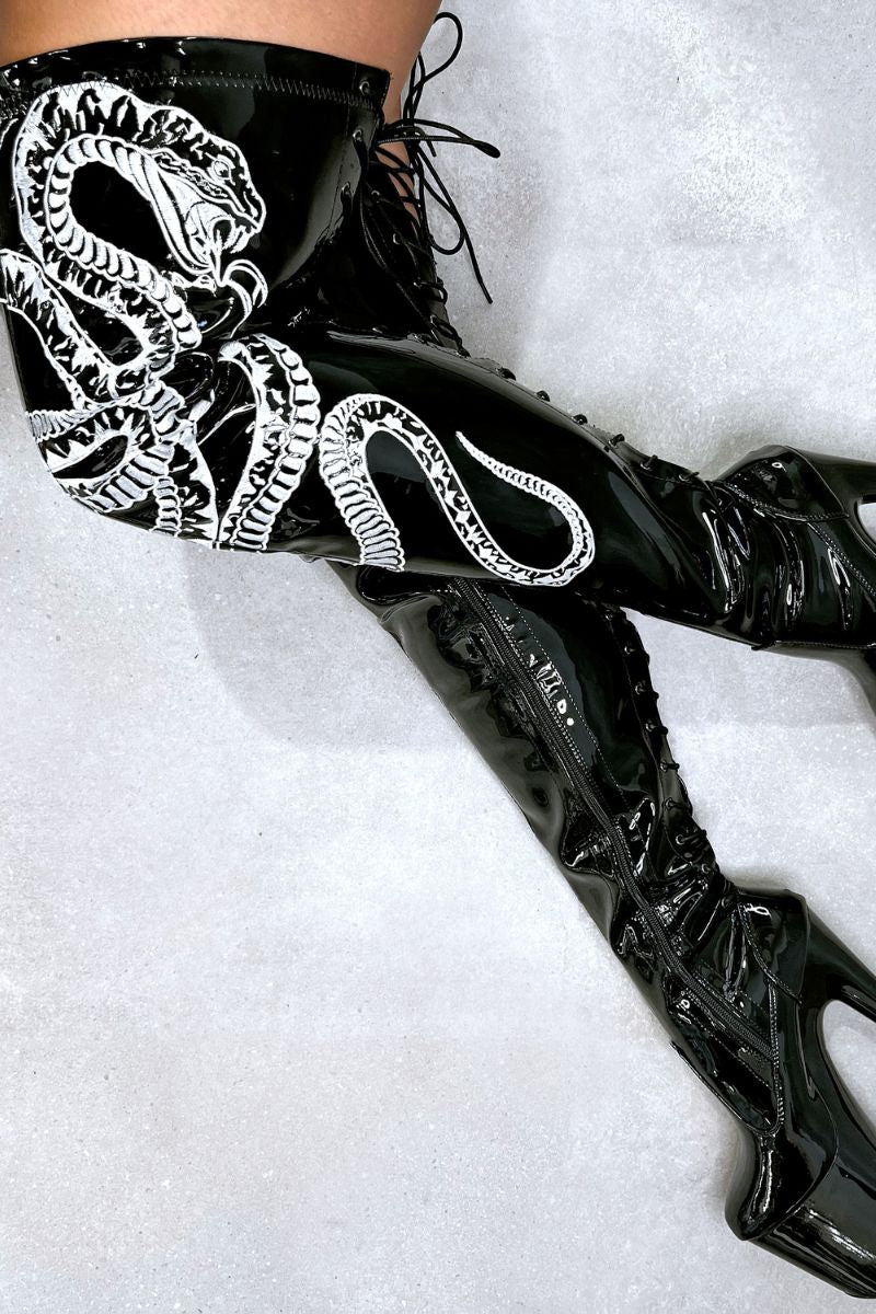 Hella Heels Viper Thicc Thigh High 7inch Boots - Black/White Snake - Image 4