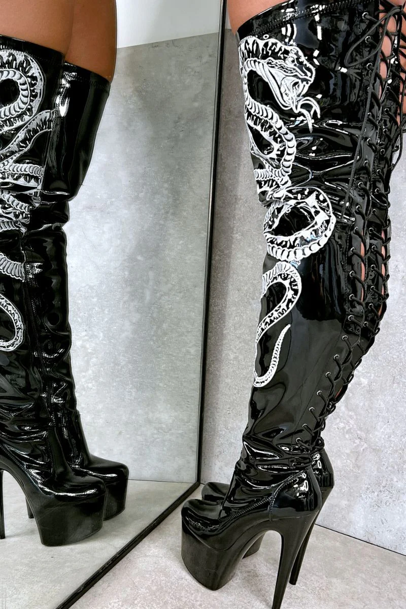 Hella Heels Viper Thicc Thigh High 7inch Boots - Black/White Snake - Image 5
