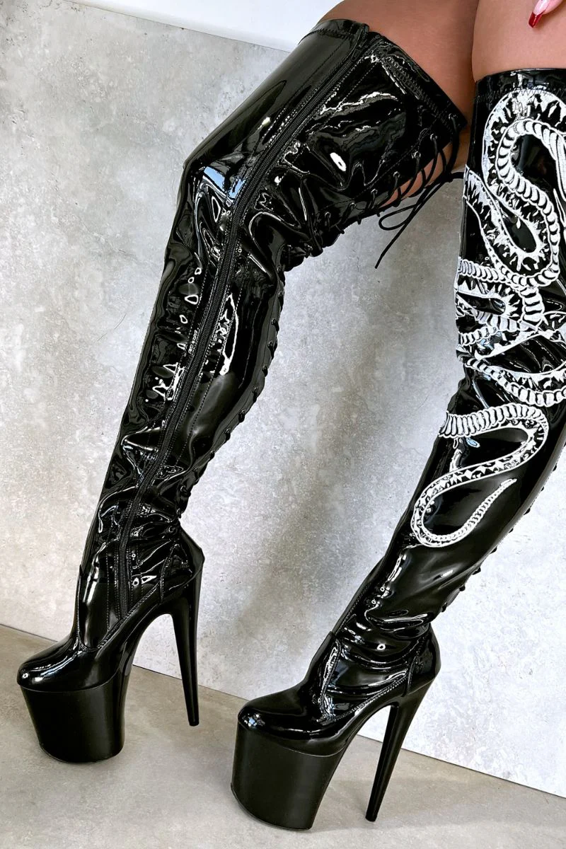 Hella Heels Viper Thicc Thigh High 8inch Boots - Black/White Snake