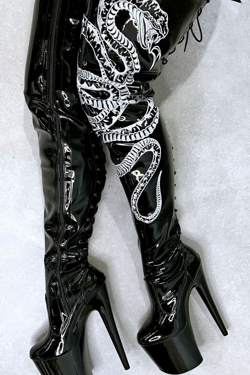 Hella Heels Viper Thicc Thigh High 8inch Boots - Black/White Snake - Image 2