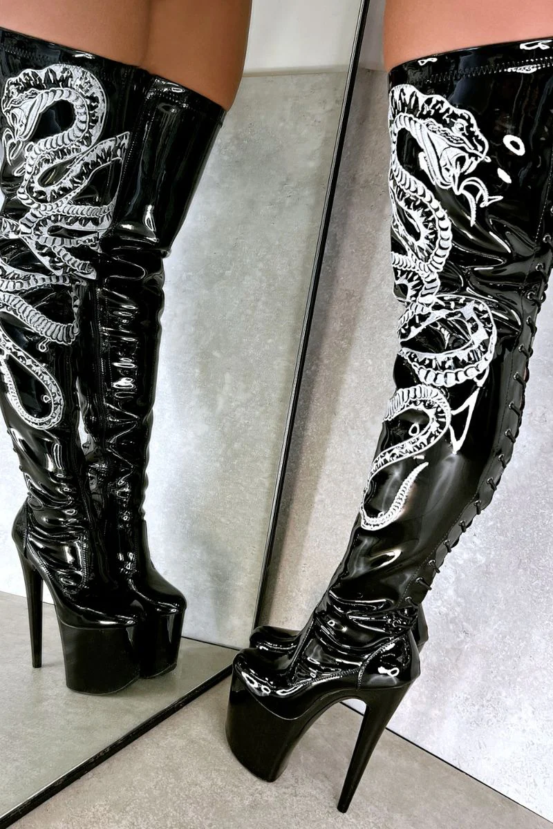 Hella Heels Viper Thicc Thigh High 8inch Boots - Black/White Snake - Image 3
