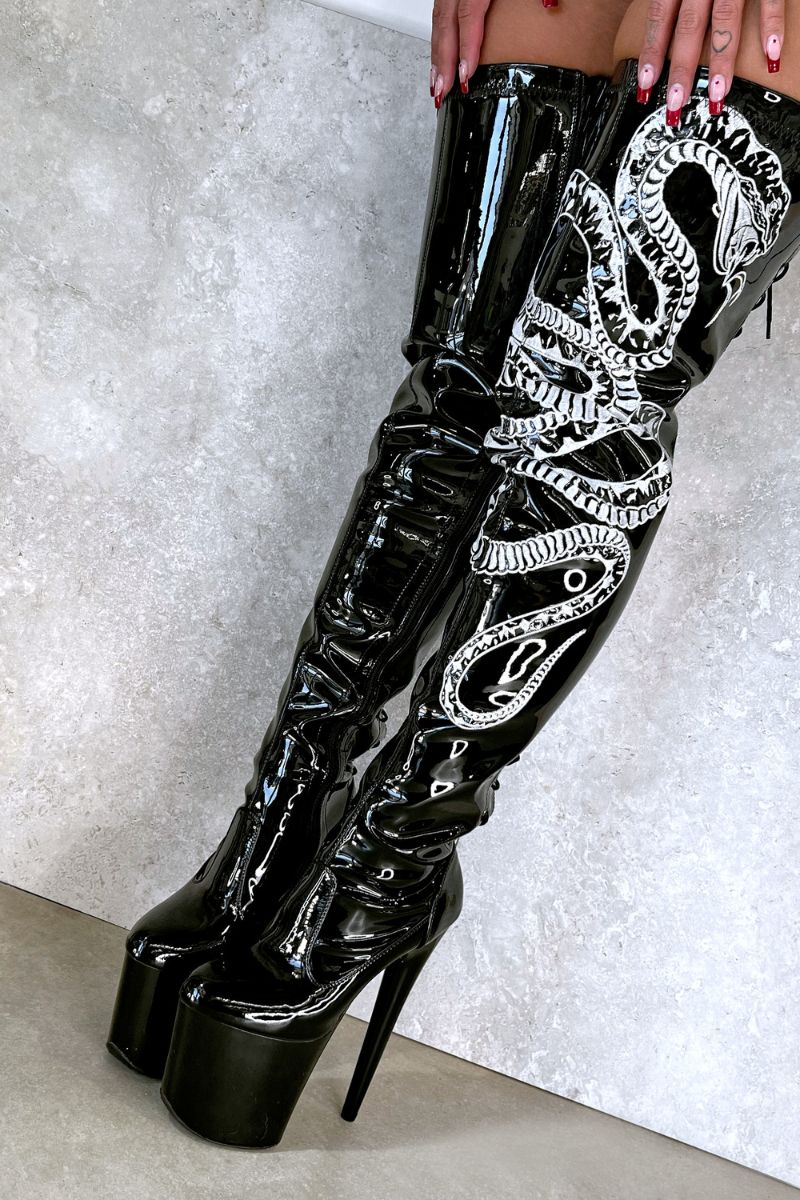 Hella Heels Viper Thicc Thigh High 8inch Boots - Black/White Snake - Image 4