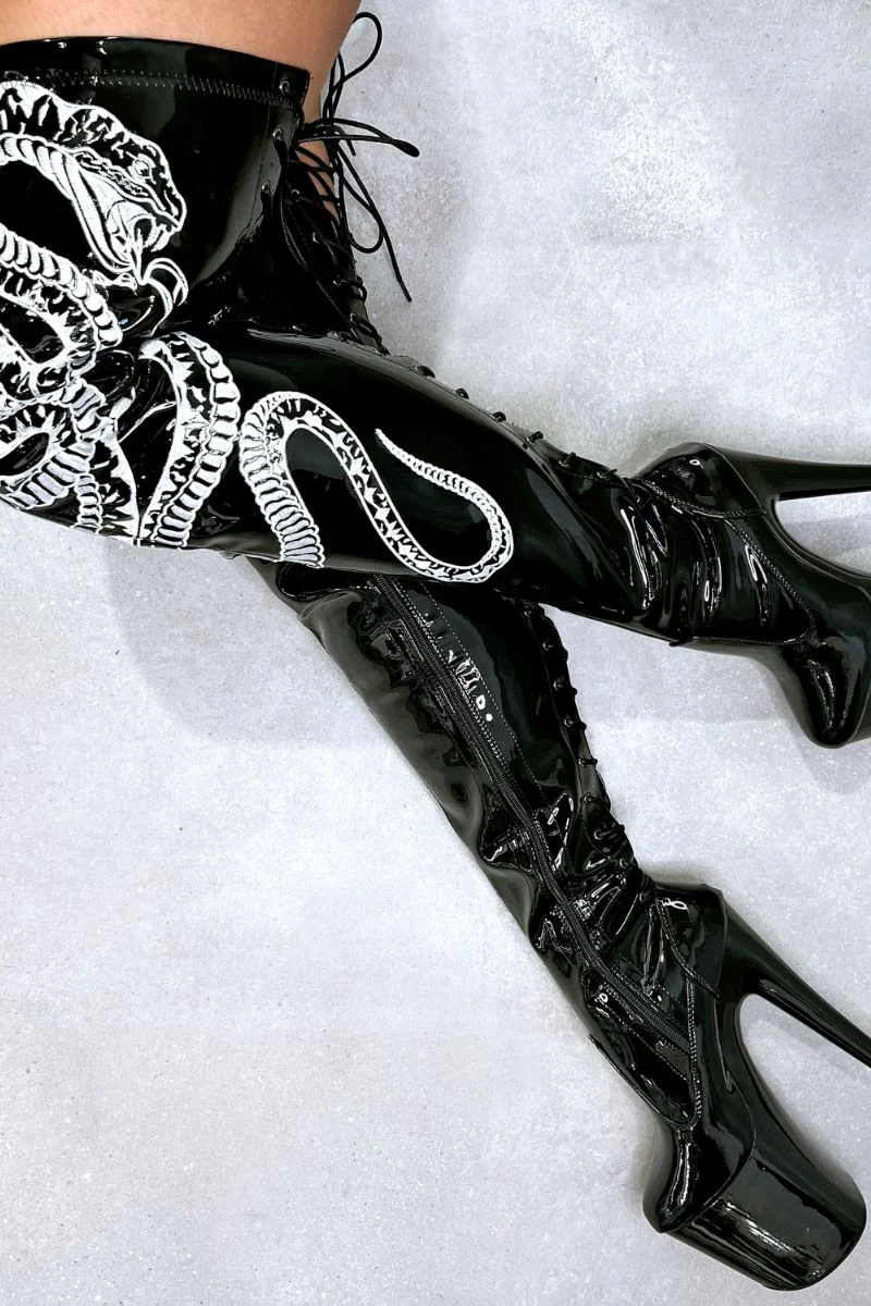 Hella Heels Viper Thicc Thigh High 8inch Boots - Black/White Snake - Image 5