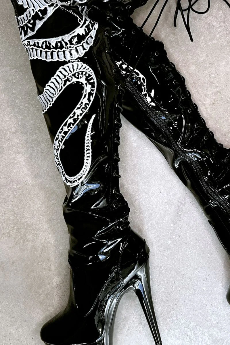 Hella Heels Viper Thigh High 7inch Boots - Black/White Snake - Image 2