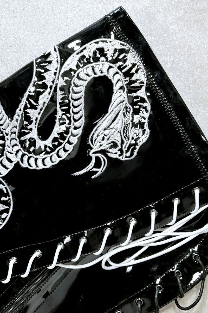 Hella Heels Viper Thigh High 7inch Boots - Black/White Snake - Image 3