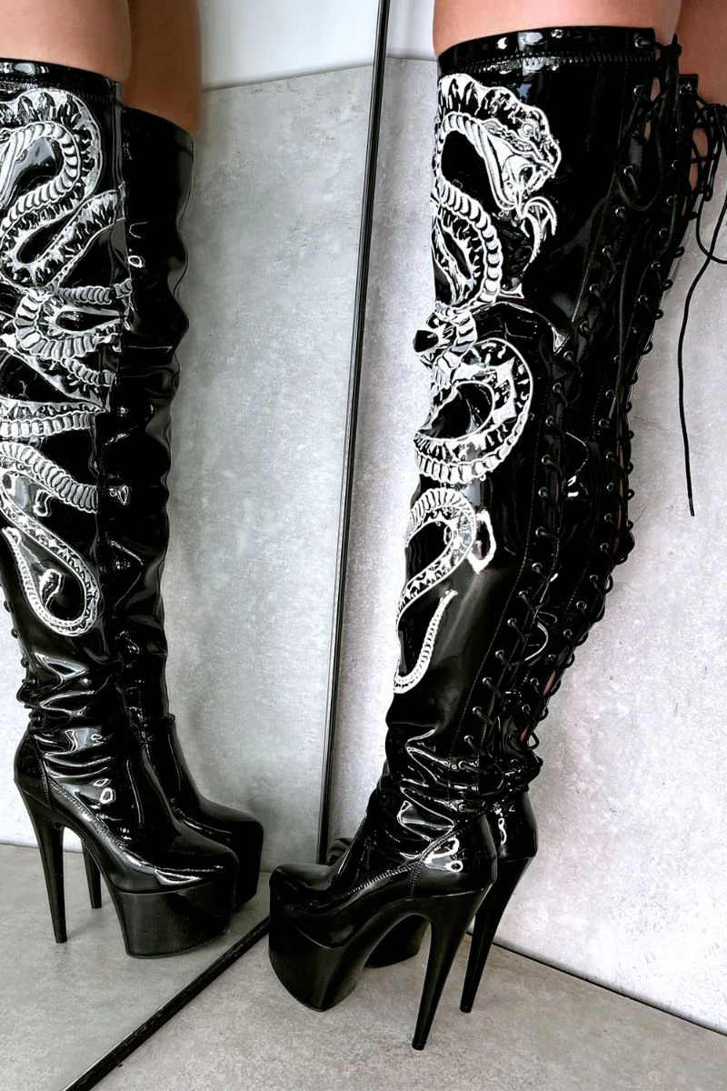 Hella Heels Viper Thigh High 7inch Boots - Black/White Snake - Image 4