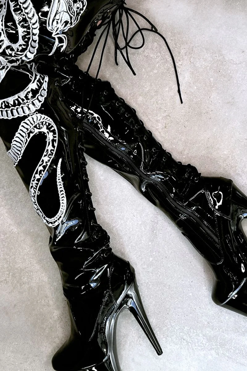 Hella Heels Viper Thigh High 7inch Boots - Black/White Snake - Image 5