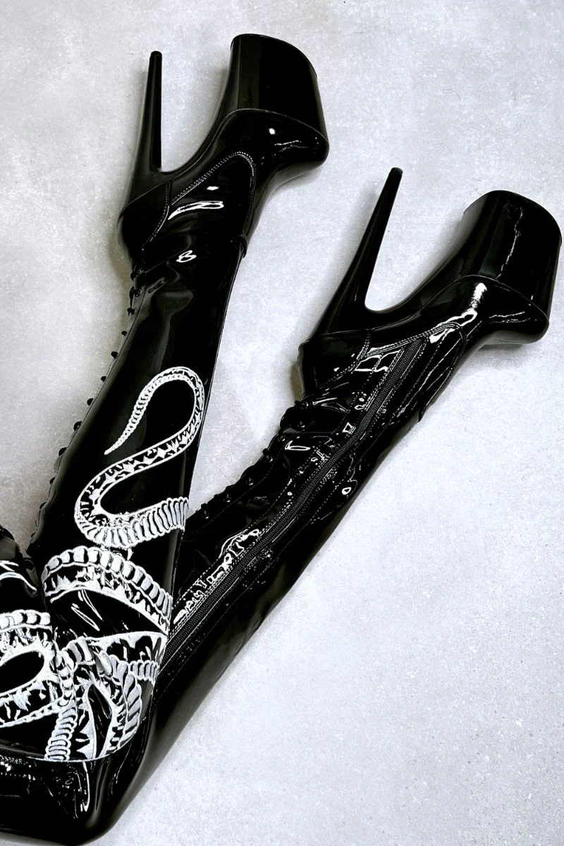 Hella Heels Viper Thigh High 8inch Boots - Black/White Snake - Image 2