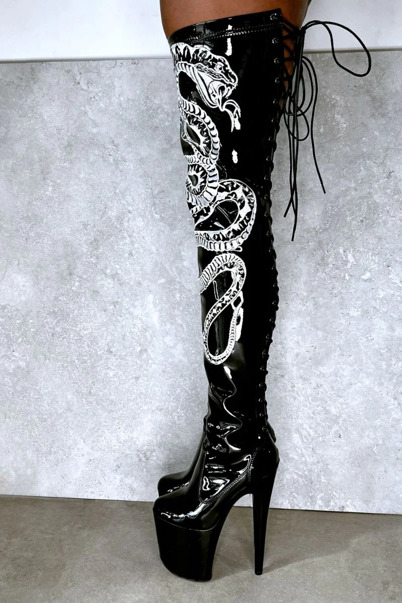 Hella Heels Viper Thigh High 8inch Boots - Black/White Snake - Image 3