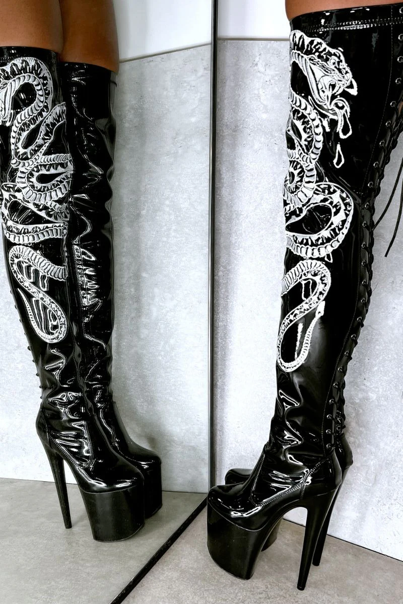Hella Heels Viper Thigh High 8inch Boots - Black/White Snake - Image 4