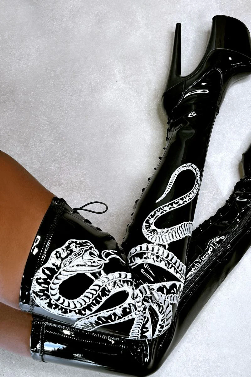 Hella Heels Viper Thigh High 8inch Boots - Black/White Snake - Image 5