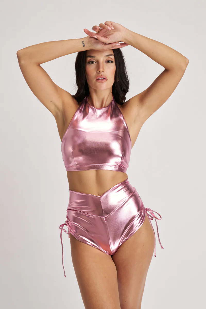 Lunalae High Neck Top - Metallic Baby Pink