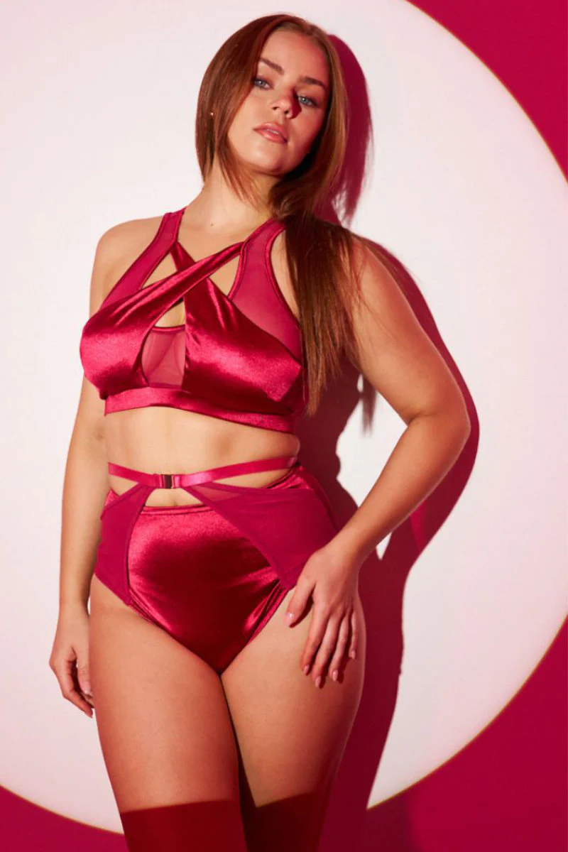 Lunalae Loretta Mesh Cut Out High Waisted Bottoms - Satin Magenta - Image 3