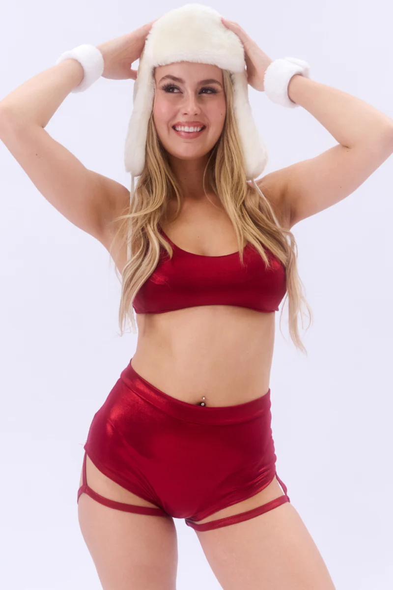 Lunalae Lure You High Waisted Garter Shorts - Metallic Red
