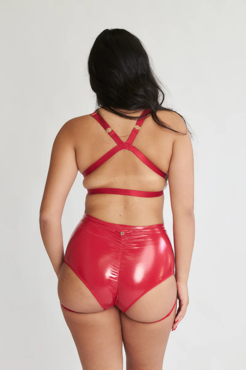 Lunalae Lure You High Waisted Garter Shorts - Red PU - Image 4