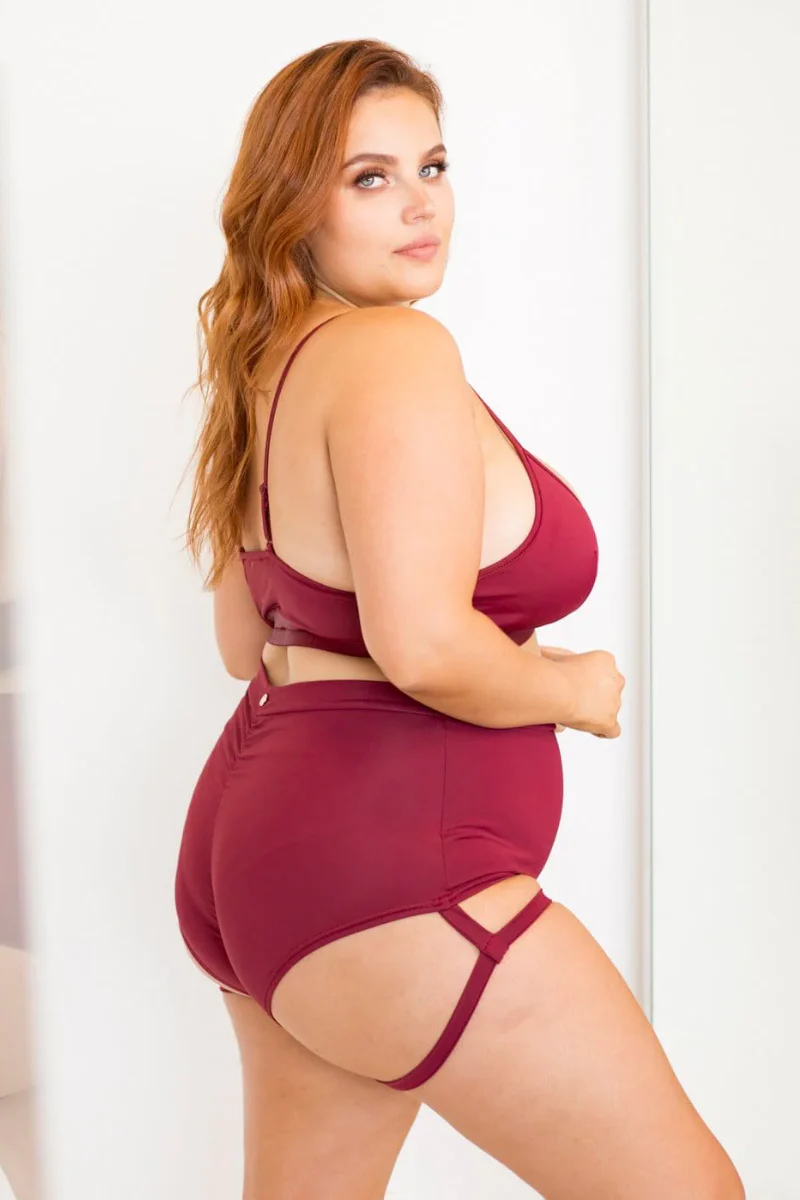 Lunalae Lure You High Waisted Garter Shorts - Wine - Image 3