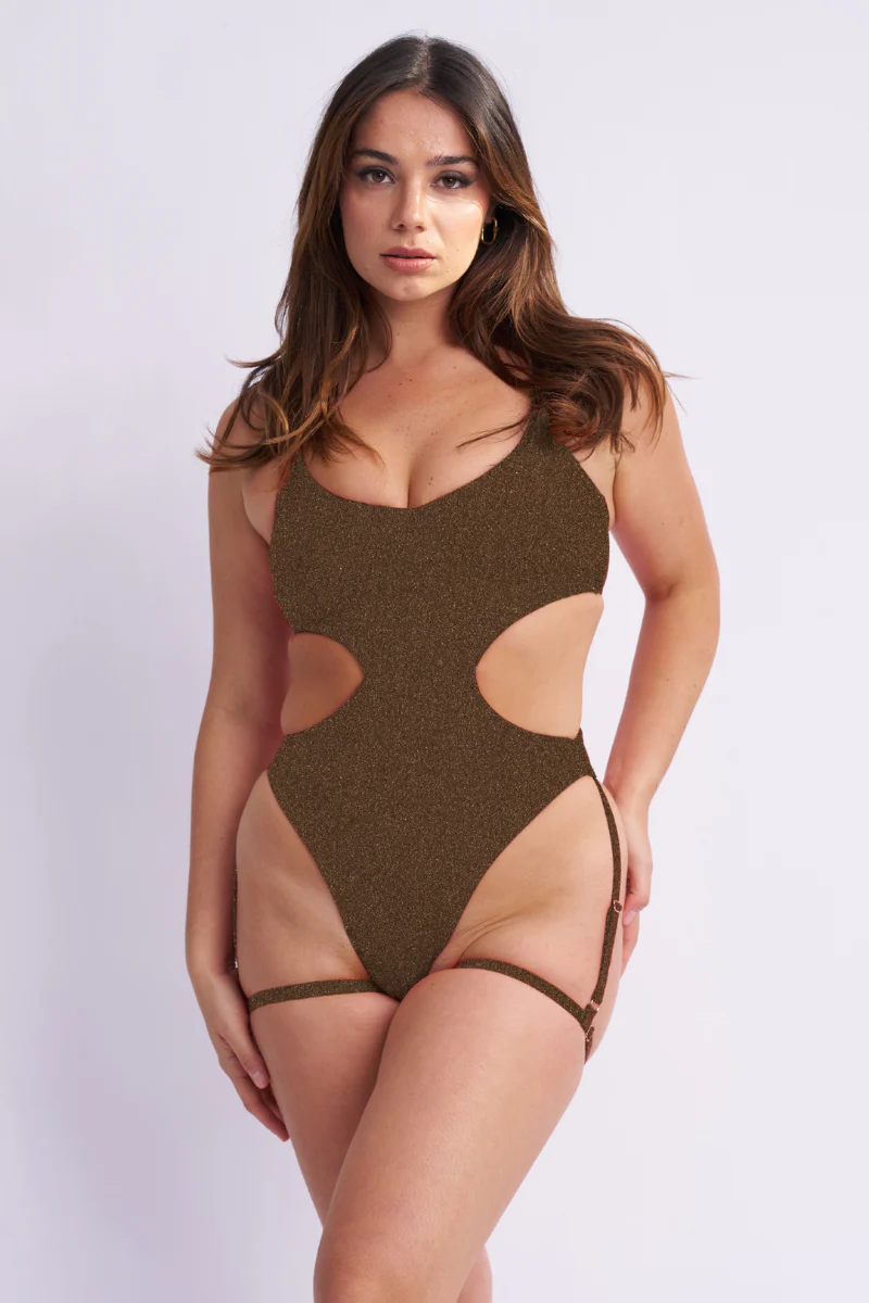 Lunalae Pixie Basic Garter Bodysuit - Gold/Black Lurex - Image 5
