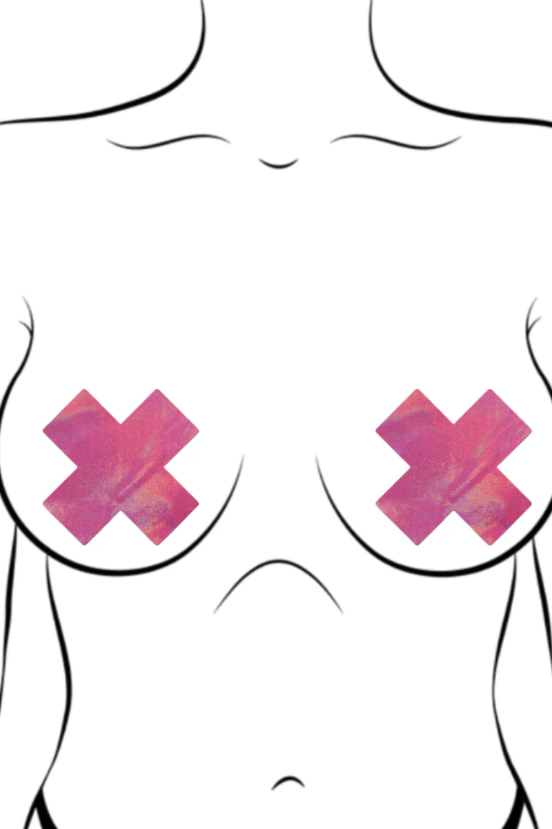 Pastease Cross Nipple Pasties - Holographic Bubblegum Pink - Image 2