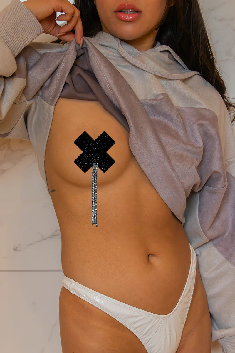 Pastease Cross Rhinestone Tassle Nipple Pasties – Black Sparkle