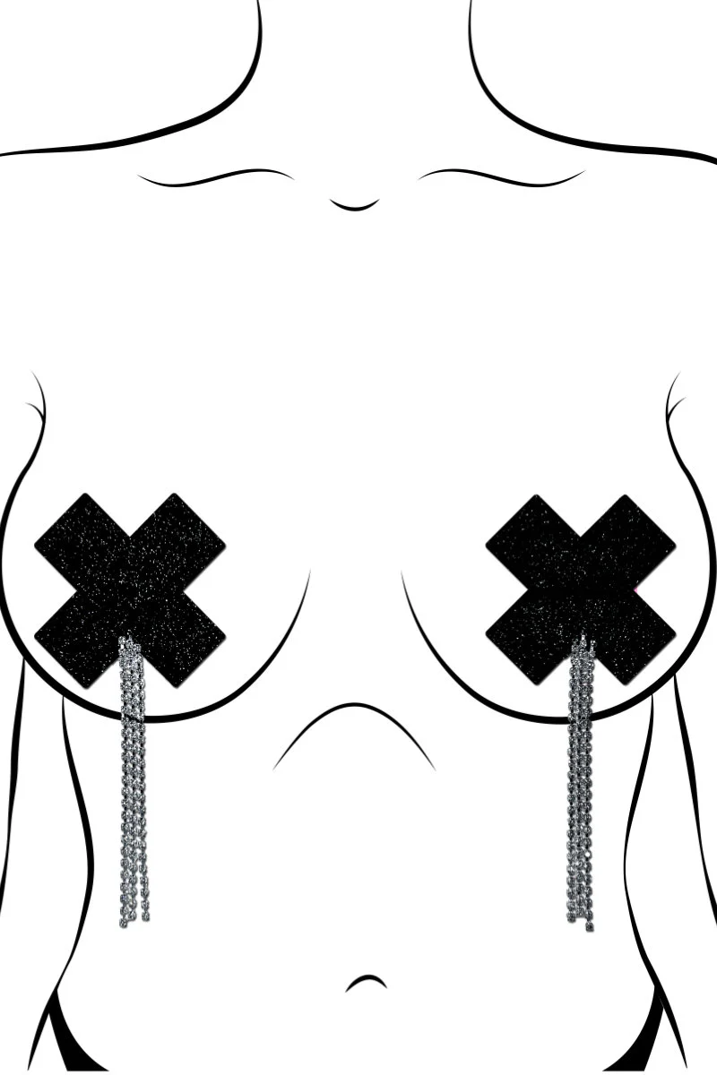 Pastease Cross Rhinestone Tassle Nipple Pasties – Black Sparkle - Image 2