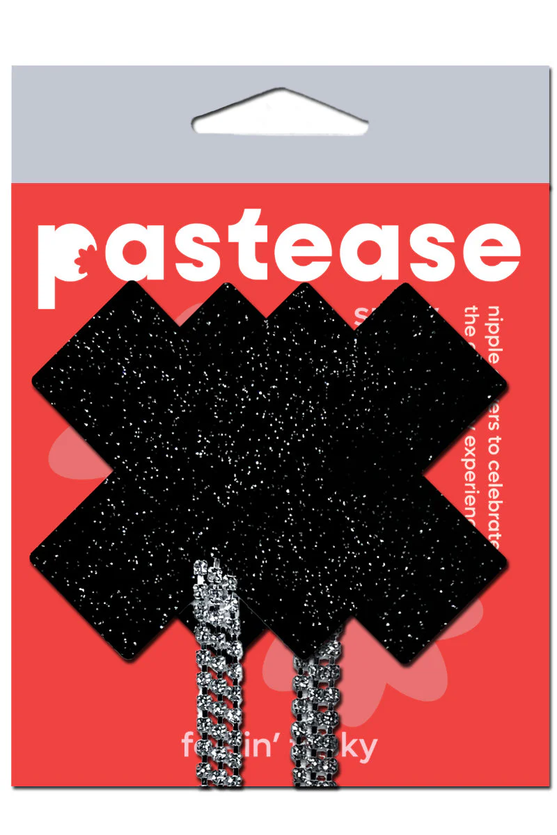 Pastease Cross Rhinestone Tassle Nipple Pasties – Black Sparkle - Image 3
