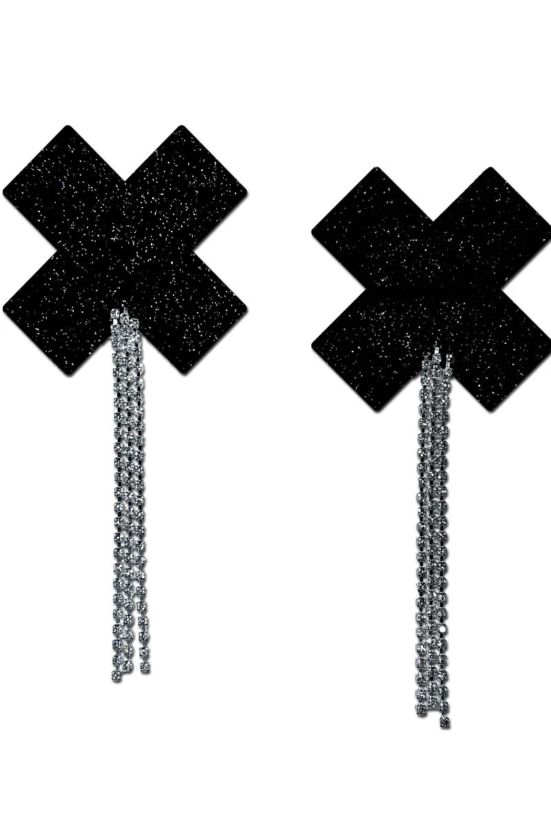 Pastease Cross Rhinestone Tassle Nipple Pasties – Black Sparkle - Image 6