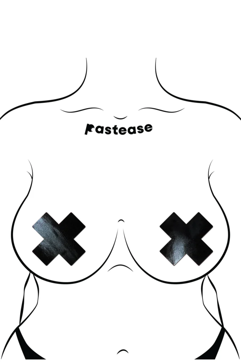 Pastease Faux Latex Pleather Vinyl Cross Nipple Pasties - Black - Image 5