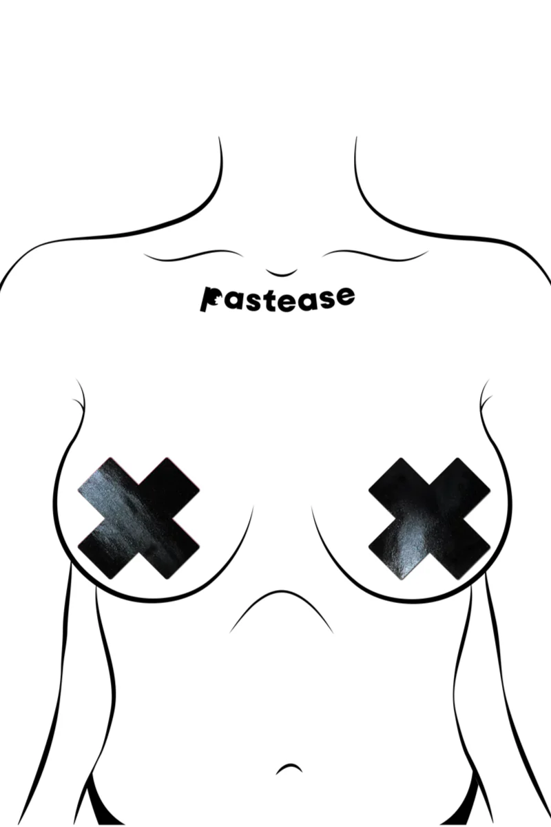 Pastease Faux Latex Pleather Vinyl Cross Nipple Pasties - Black - Image 6