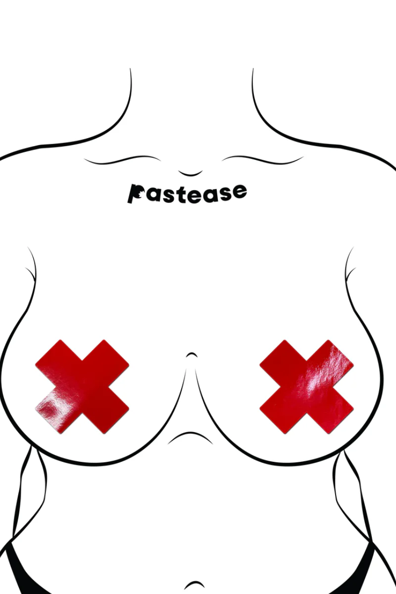 Pastease Faux Latex Pleather Vinyl Cross Nipple Pasties - Red - Image 3