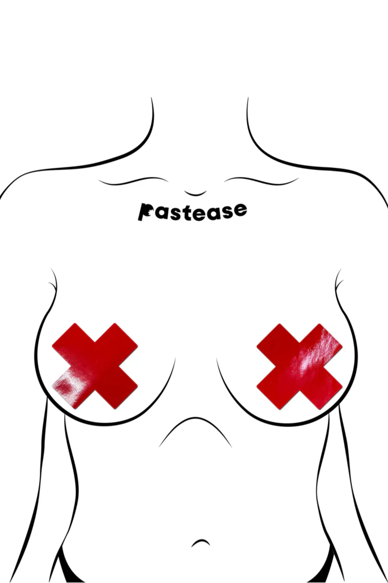 Pastease Faux Latex Pleather Vinyl Cross Nipple Pasties - Red - Image 6