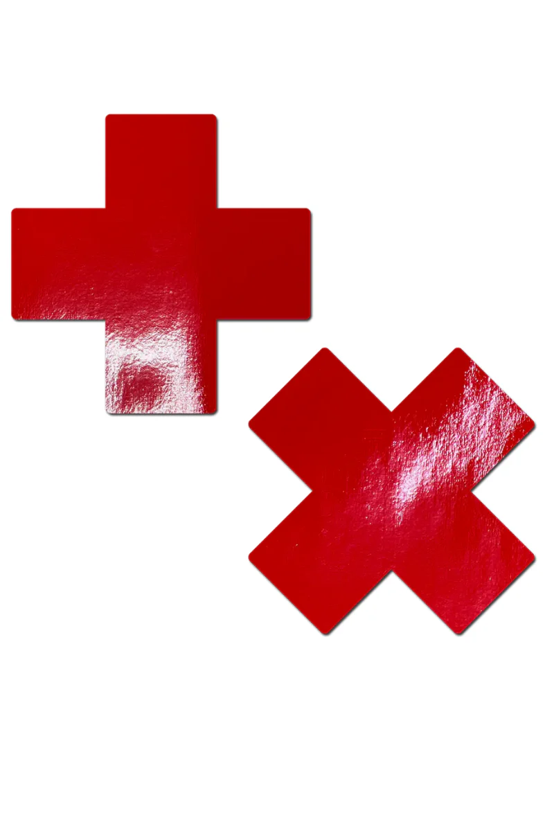 Pastease Faux Latex Pleather Vinyl Cross Nipple Pasties - Red - Image 7