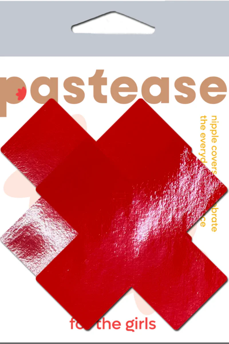 Pastease Faux Latex Pleather Vinyl Cross Nipple Pasties - Red - Image 8
