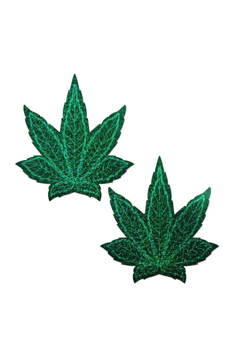 Pastease Indica Pot Leaf Nipple Pasties - Green Glitter - Image 2