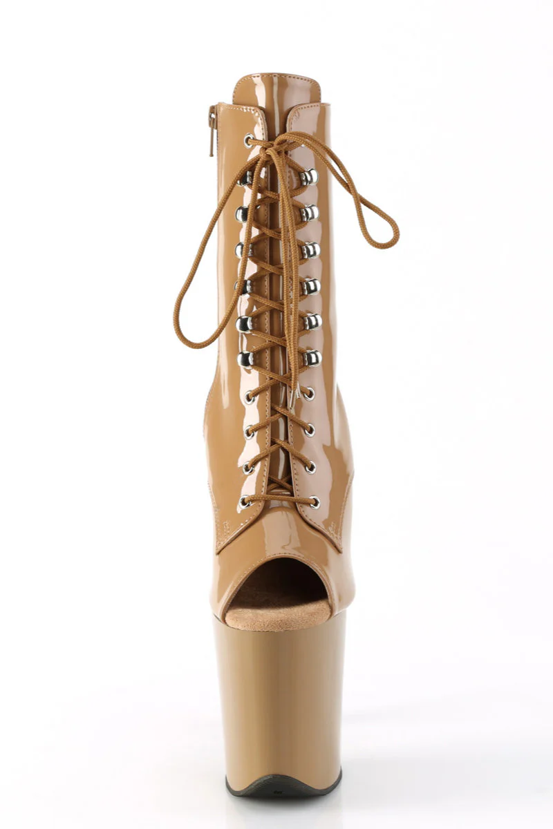 Pleaser USA Flamingo-1021 Peep Toe 8inch Boots - Patent Toffee - Image 2