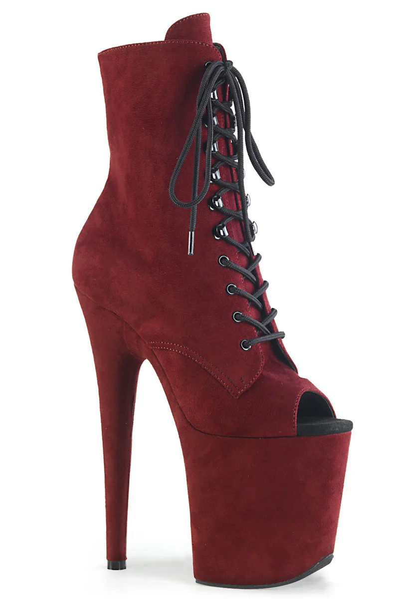 Pleaser USA Flamingo-1021FS Faux Suede 8inch Peep Toe Boots - Burgundy