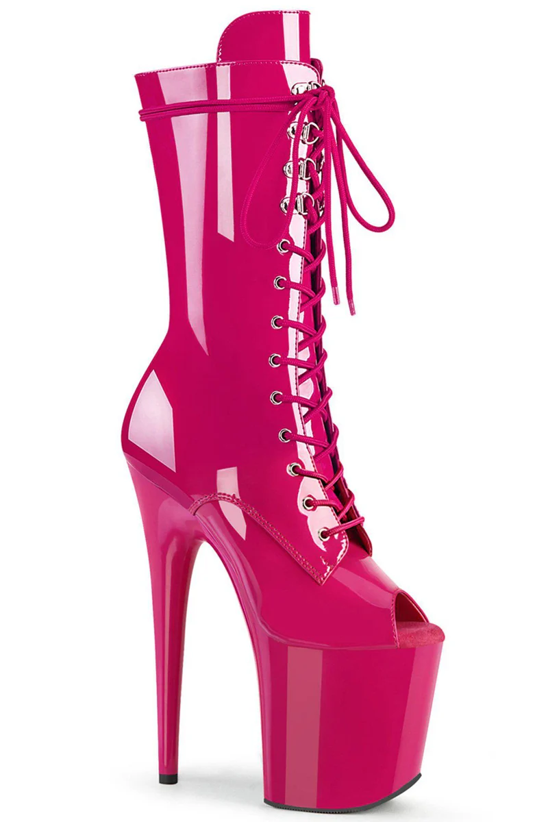 Pleaser USA Flamingo-1051 8inch Peep Toe Boots - Patent Hot Pink
