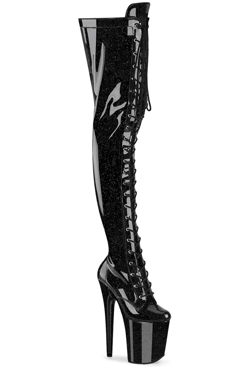 Pleaser USA Flamingo-3020GP 8inch Boots - Black Glitter