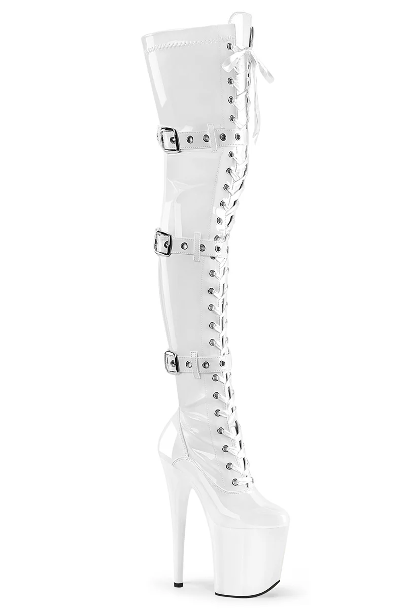 Pleaser USA Flamingo-3028 8inch Thigh High Boots - Patent White
