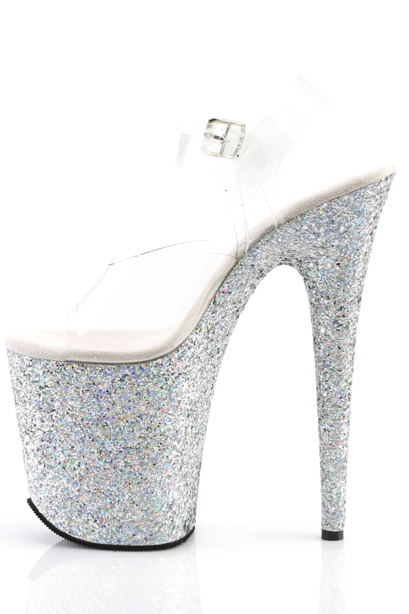Pleaser USA Flamingo-808LG Holographic Glitter 8inch Stilettos - Silver - Image 6
