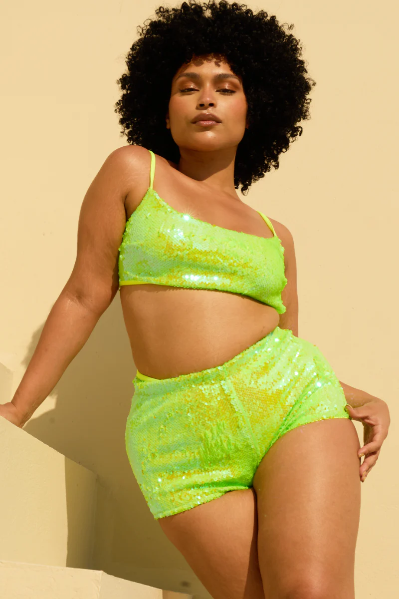 Rolling Bardot Shorts - Neon Yellow Sequins