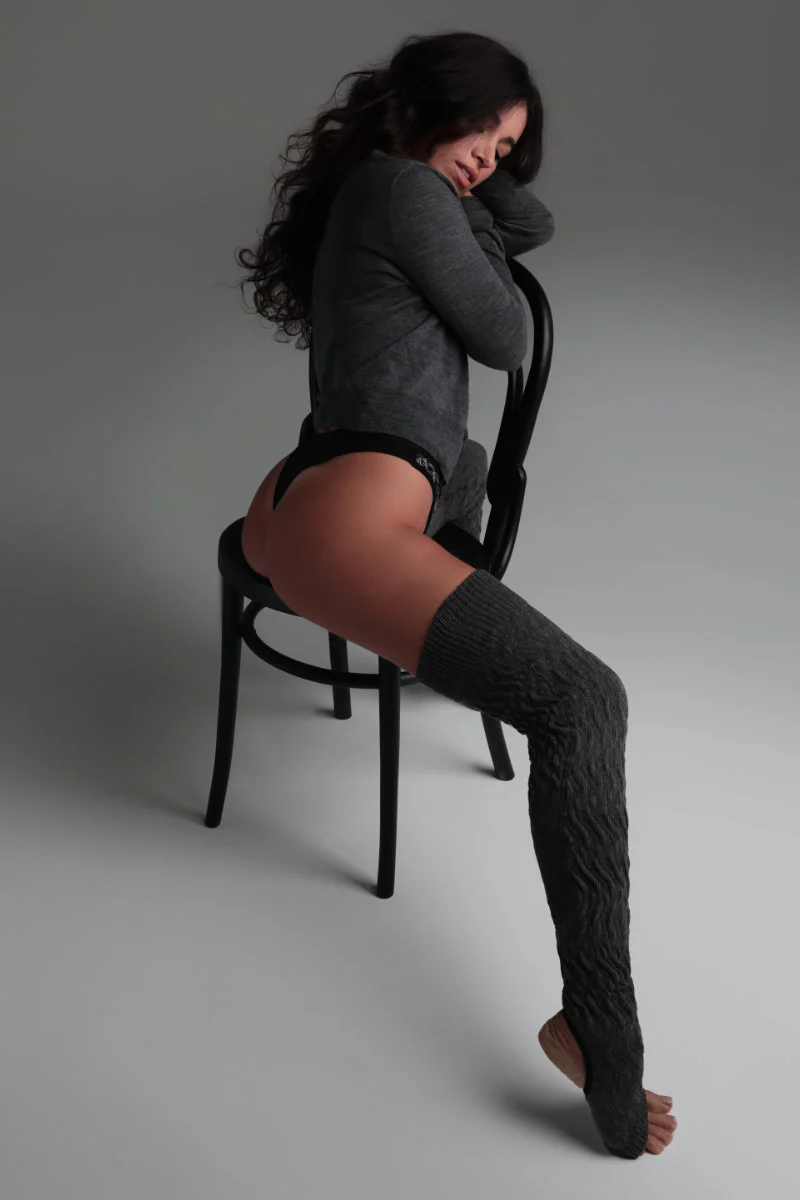 Rolling Cable Knit Thigh High Leg Warmers with Stirrups - Charcoal - Image 2