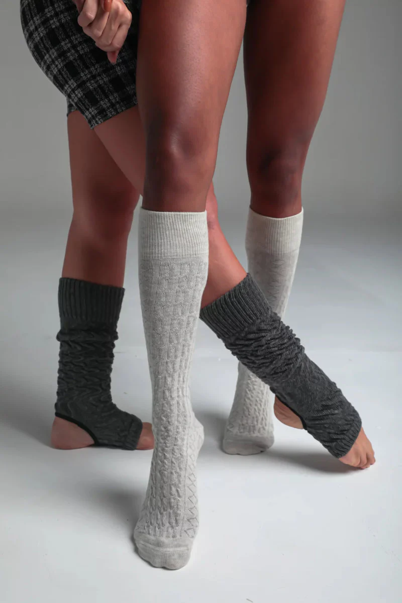 Rolling Cable Knit Thigh High Leg Warmers with Stirrups - Charcoal - Image 3